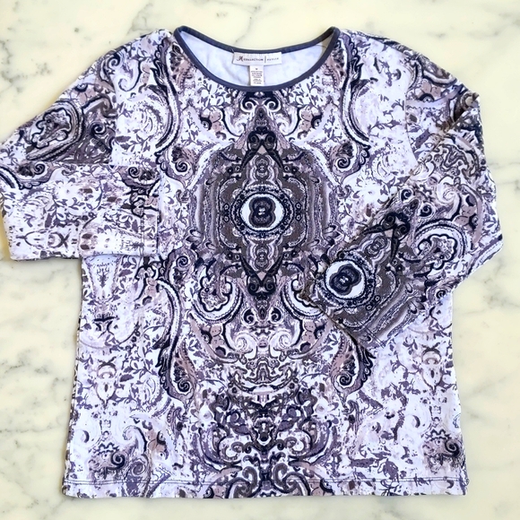 NWOT. Cotton Rayon Spandex Top with multi color patterns and 3/4 sleeves. - Picture 3 of 3